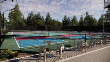 Visualization of empty pickleball courts with a mix of red, blue, and green floors and white lines, surrounded by trees and equipped with lights, fencing, and seating photo