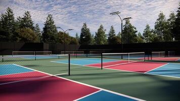 Empty pickleball courts with a combination of red, blue, and green floors marked by white lines, featuring lights, fencing, seating, and surrounded by trees photo