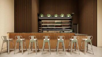 front view wooden bar counter with chairs with a variety of liquor bottles photo