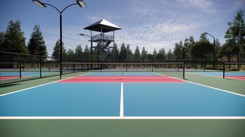 A view of empty pickleball courts with floors in a mix of red, blue, and green colors with white lines, surrounded by trees, and featuring lights, fencing, and seating photo