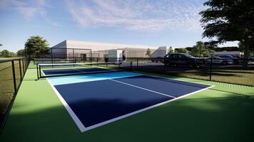 3D rendering of a pickleball court with a blue playing surface and a green colored background on the sides and baselines photo