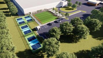 3d render aerial view render, outlines of different types of sports fields. Sport Complex facility photo