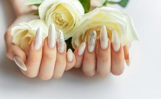Female Hands on a white background with beautiful pearl manicure and white roses photo