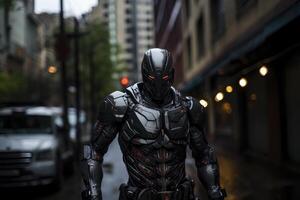 futuristic police robot guarding the streets. AI-generated photo