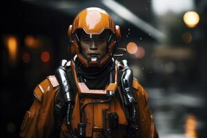 Futuristic Vision in Robotic Armor. AI-generated photo