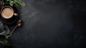 coffee cup and teaspoon with a branch of greenery in the upper left corner on a dark background photo