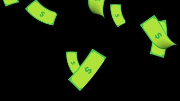 Flying cartoon money animation.Dollar falling from above on transparent background video