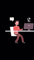 Businessman Sitting At Desk Working On Computer Cartoon Animation On Vertical On Alpha Channel 2D Cartoon Animation video