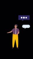 Cartoon Character Man Working In Office Checking Messages On Vertical On Alpha Channel 2D Cartoon Animation video