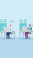 Group Of Office Workers Sitting At Desks And Communicating Or Talking On Vertical 2D Cartoon Animation video