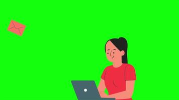 The Business Woman Working In The Office Sends The Project As a Message by e-mail On Greenscreen Background 2D Cartoon Animation video