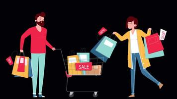 Man with a grocery basket and a woman with the packages On Alpha Channel 2D Cartoon Animation video