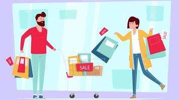 Man with a grocery basket and a woman with the packages 2D Cartoon Animation video