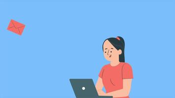 The Business Woman Working In The Office Sends The Project As a Message by e-mail 2D Cartoon Animation video