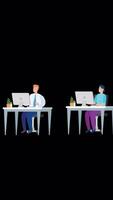 Group Of Office Workers Sitting At Desks And Communicating Or Talking On Vertical On Alpha Channel 2D Cartoon Animation video