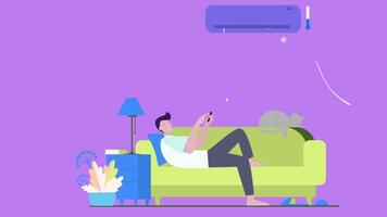 Man Sweating At Home In The Heat Turns On The Air Conditioner And Cools Down 2D Cartoon Animation video