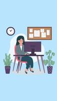 Woman Working In The Office Is Working On A Project On The Computer. Clock In The Background, Frame Showing Plans On Vertical video