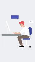 The Orange-haired Man Working In The Office, Wearing A White T-shirt, Is Sending E-mails On The Computer. The Background Is Gray In Color On Vertical video