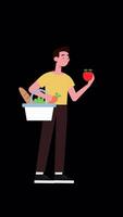 Man Shopping at the Market Holds a Grocery Bag in His Hand and an Apple in his Other Hand On Alpha Channel On Vertical video