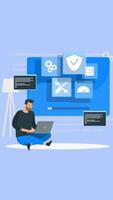Programmer man writes program to protect laptop from viruses. There is a computer screen in the background On Vertical video