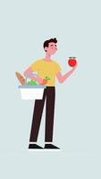 Man Shopping at the Market Holds a Grocery Bag in His Hand and an Apple in his Other Hand On Vertical video