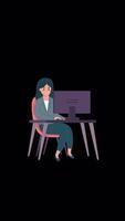 Woman Working In The Office Is Working On A Project On The Computer. Clock In The Background, Frame Showing Plans On Alpha Channel On Vertical video