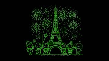 Glowing looping Bastille Day Fireworks over the Eiffel Tower. neon frame effect, black background. video