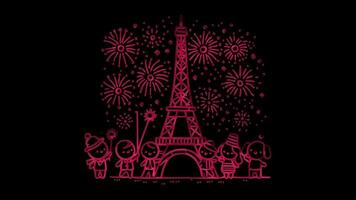 Glowing looping Bastille Day Fireworks over the Eiffel Tower. neon frame effect, black background. video