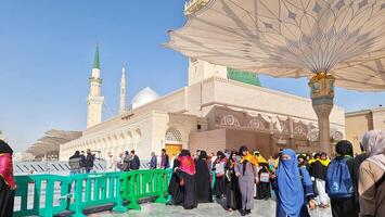 Medina, Saudi Arabia on March 1, 2024. Queues of female Umrah pilgrims from all over the world line up to enter Raudhah or the Tomb of the Prophet Muhammad. Gate 37. Use a registered Tasreh or Nusuk. photo