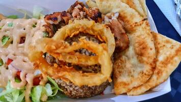 The food was bought from Doner Kebab, which contained briyani rice, roti canai, photo