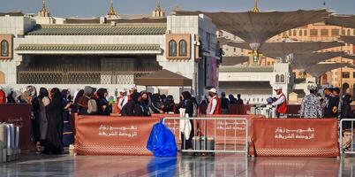 Medina, Saudi Arabia on March 1, 2024. Queues of female Umrah pilgrims from all over the world line up to enter Raudhah photo