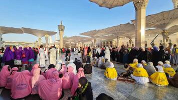 Medina, Saudi Arabia on March 1, 2024. Queues of female Umrah pilgrims from all over the world line up to enter Raudhah photo