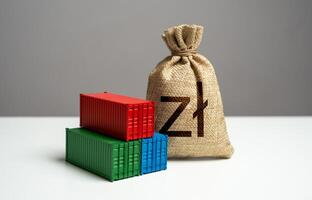 Stack of shipping containers and polish zloty money bag. Import or export. Production of containers. Tariffs and tax collections. GDP and production. Trade, economics and transport industry. photo