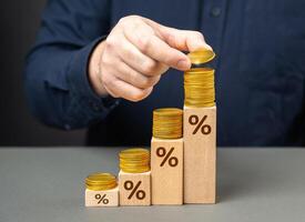 Deposits and savings. A businessman makes money on deposits and interest. Achieving a high return on investment signifies successful financial endeavors. Rising interest rates photo