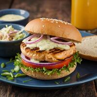 Close-up of burger on table, Beef burger with cheese, tomatoes, red onions, cucumber and lettuce photo