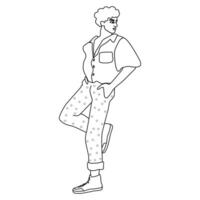 A linear drawing of a standing man. Guy leaning on a wall. Sketch style. Colouring book page. vector