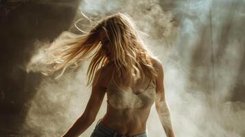 Slender blonde dancing in white dust studio shot photo