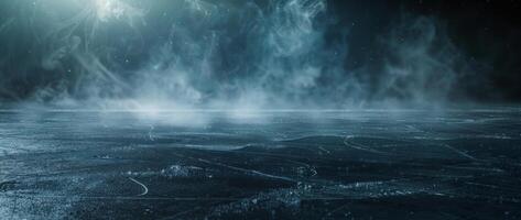 ice rink background with smoke, dark atmosphere, empty space for product presentation photo