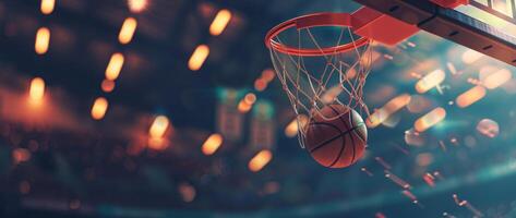 Basketball going through the hoop with motion blur and dramatic lighting, capturing the excitement of the game in a dynamic stadium. photo