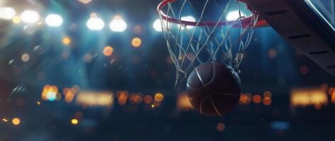 Close-up shot of a basketball going through the hoop during a game with stadium lights and a blurred crowd in the background. photo