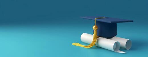 High-angle 3D rendering, graduation cap and diploma with golden tassel, vivid blue backdrop, clear and defined, realistic textures, perfect for celebratory themes, spacious layout photo