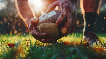 Close-up of hands holding a rugby ball on grass field during sunset, highlighting the intensity and passion of the game. photo