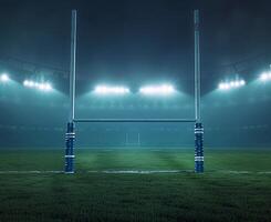 Illuminated rugby stadium at night with goalpost in foreground, showcasing the atmosphere of game day under bright floodlights. photo