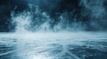 ice rink background with smoke, dark background, ice hockey floor photo