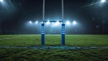 Nighttime rugby field with illuminated goal posts under a foggy sky, creating a dramatic and atmospheric sports scene. photo