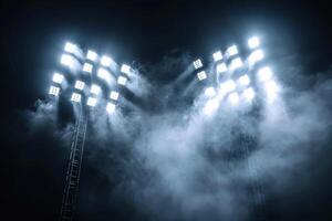 two stadium lights shining through smoke on black background, sports background with fog and lighting effects photo