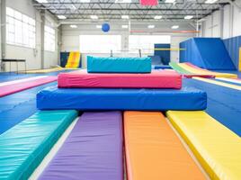 Colorful foam mats and equipment in an indoor gymnasium designed for gymnastics and acrobatic training sessions. photo