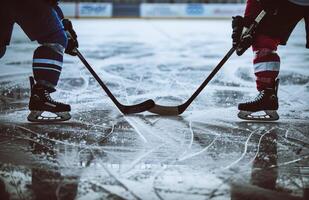 Two hockey players face off on an ice rink, with hockey sticks touching the puck, ready for a competitive game. photo