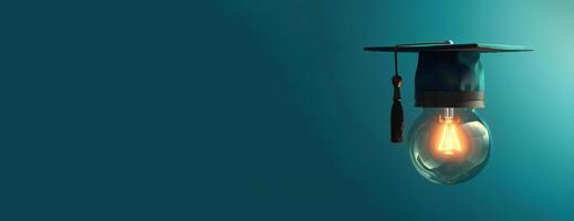 Eye-level angle, concept of business education, minimalistic copyspace, glowing light bulb, graduation cap resting on light bulb, digital illustration, bright and clean aesthetic photo