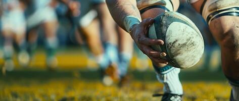 Close-up of a rugby player holding the ball during a match, showcasing teamwork and action on the field. photo